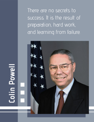 There are no secrets to success. It is the result of preparation, hard work, and learning from failure. - Colin Powell